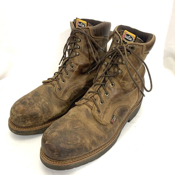 Justin J-Max Steel Toe Work Boots 13D Brown Waterproof Lace Up USA main image 12
